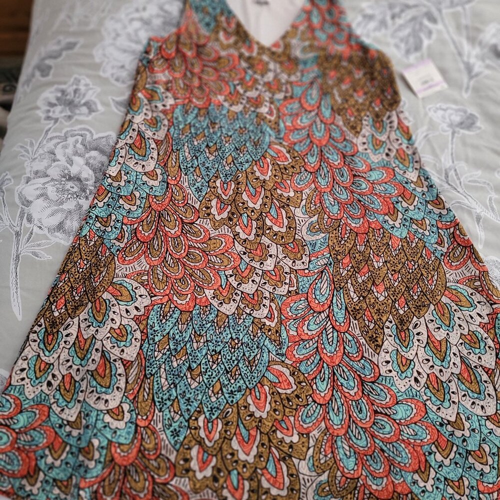 Anne Klein Sleeveless A-Line Print Dress Orange/Gold/Beige/Blue Size 6 NWT